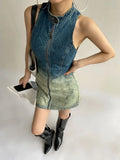 Kylethomasw Vintage Blue Gradient Denim Dress Sleeveless Zipper Streetwear Bodycon Dress for Women American Retro Girls Summer Dress