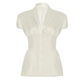 KYLETHOMASW  -  French Retro Satin A-line Shirt Chic Fashion Slimming Short Sleeve V-neck Blouses Office Ladies Elegant Top All-match