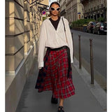 KYLETHOMASW  -  Sexy Plaid Patchwork Split Skirt Spicy Girl Belt A-Line Skirt High Waist Pleated Midi Skirts Women Y2k Harajuku Streetwear 135A