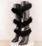 KYLETHOMASW  -  Fashion Leather Pointed Toe Over-the-Knee Boots Round Silver Studded Detail Plush Faux Fur Trim Stiletto Heel Punk Style Boots