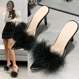 KYLETHOMASW  -  41-43 big size fur sandals high heels transparent slippers women brand designer feather sandalias mujer pointy open toe slides