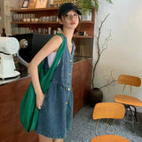 KYLETHOMASW  -  Biyaby Sleeveless Strap Dress Women Summer Single-Breasted Pockets Denim Dresses Woman Korean Style Loose A Line Mini Dress