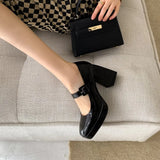 KYLETHOMASW  -  Red Patent Leather Mary Jane Pumps for Women Strap Buckle Chunky High Heels Shoes Woman Platform Pump Burgundy Party 43