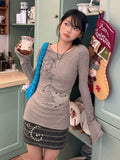 Kylethomasw Y2k Vintage Horse Print T-shirts for Women Gray Angel Print Tees Gothic Style Long Sleeve Tops Grunge Punk Alt Clothes