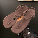 KYLETHOMASW  -  Summer Women's Blue Suede T-Strap Flip Flops Metal Decor Flat Sandals Ankle Strap Casual Slingback Slippers Beach Shoes