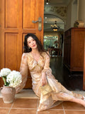 KYLETHOMASW  -  Women Clothes Chiffon Sweet Floral Print Puff Sleeve Slim A-Line Long Dress Elegant Lady Party Vestidos Robe Casual Autumn New