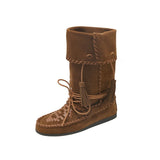 KYLETHOMASW  -  Retro Weaved Tassel Lace-Up Cowboy Boots Woman Turned-Over Edge Suede Leather Mid-Calf Boots Ladies Inner Height Western Boots