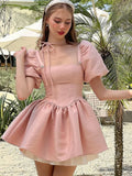 KYLETHOMASW  -  Y2K Pink Satin Princess Short Dresses for Women Puff Sleeve Square Collar Ruffles A-line Evening Party Dress Kawaii Mini Vestido