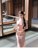 KYLETHOMASW  -  Dresses Women Elegant Off Shoulder Stand Collar Split Vintage Temperament Party Dress Slim Stretch Sexy Ladies Fashion