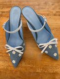 KYLETHOMASW  -  Sweet Spring Style Blue Denim Pointed-Toe Slingback Heels White Daisy Embroidery Bow Accent Adjustable Ankle Strap Stiletto Heel