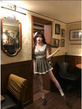 KYLETHOMASW  -  Japanese Sweet Vintage Black White Plaid Lace Doll Collar Ruffle Sleeve High Waist Mini Dress Petite Women Summer Party Wear