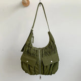 KYLETHOMASW  -  Streetwear Nylon Pleated Shoulder Bag Korean Vintage All Match Handbags Casual Y2k Aesthetic Zipper Pockets Crossbody Bags Women