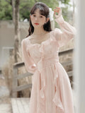 KYLETHOMASW  -  Vintage Pink Fairy Party Midi Dress Women Korean Style Sweet Vestidos Female Bubble Sleeve Elegant Evening Party Robe Autumn New