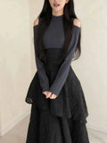 KYLETHOMASW  -  Japanese Elegant Fashion Knit Long Sleeve Dress Women Slim Irregular Design Long Dress Harajuku Sweet Off-Shoulder Chic Outfits