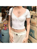 Kylethomasw  Woman Knit T-Shirts Gauze Tees V Neck Tops Short Sleeve Crop Slim Pleated Top Solid Color Daily Crochet Ballet Core Mesh Top