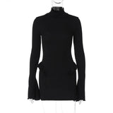 KYLETHOMASW  -  New High Collar Long Sleeve Ruched Sexy Mini Dress Women Fashion Fall Elegant Ruffles Club Party High Waist Solid Dresses