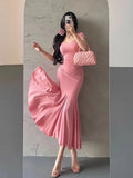 KYLETHOMASW  -  Sexy Slim Elegant Lady Long Dress Summer Short Sleeve Square Neck Pleated Fishtail Tight Party Dresses for Women