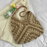 KYLETHOMASW  -  Women Straw Woven Tote Bag Casual Handbag Large Capacity Summer Crochet Shoulder Bag with Bow Patchwork for Outdoor Travel