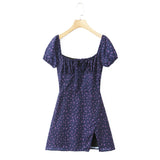KYLETHOMASW  -  French Retro Black Print Bow Square Collar Short Elastic Puff Dress Women Zipper Back Slim Waist Slit Hem Mini Dresses Robe Blue