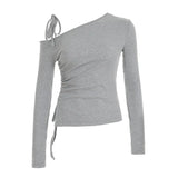 KYLETHOMASW  -  Slant shoulder lace up drawstring long sleeved T-shirt for spicy girls, waist cinching, pleating, side slit versatile top