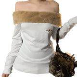 KYLETHOMASW  -  New fur spliced one neck slim embroidered T-shirt for sexy and slim women, backless sweatshirt