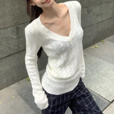 Kylethomasw Vintage Screw Thread Sexy Slim Casual Long Sleeve Sweater Women Autumn New Korean V-neck Solid Color All Match Knitted Tops