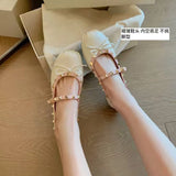 KYLETHOMASW  -  Genuine Leather French Studded Ballet Flats for Women, Summer, Single Strap, Shallow Low Heel Mary Jane