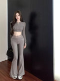 KYLETHOMASW  -  French Sweet Hot Girl Suit Women's Spring Slim Fit O-Neck Short Top High Waist Flare Pants Two-piece Set Fashion Female Clothes