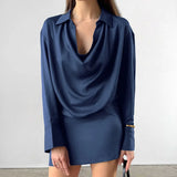 KYLETHOMASW  -  Office Siren Satin Dress for Women's Autumn Elegant Blue Swing Collar Long-sleeved Slim Fit Short Dress Female Clothes