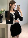 KYLETHOMASW  -  Y2K Vintage Black Skirt Suits Elegant Ruffled Collar Lace Patchwork Short Top + Slim Waist Mini Skirt Womens Two Pieces Set New