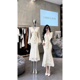 KYLETHOMASW  -  Especially Beautiful Pinched Waist Small Skirt Huge Good-looking Hipwrapped Long Dress Gentle Wind V-neck Lace Temperament Dress
