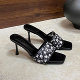 KYLETHOMASW  -  Fashion Flower Women Thin Heels Slides Sandals Shoes Square Toe Sexy Ladies High Heels Shoes Slip On Female Sandals Pumps