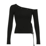 KYLETHOMASW  -  Splicing diagonal collar long sleeved T-shirt with asymmetrical slit design, slimming top for spicy girls