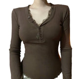 KYLETHOMASW  -  American style basic lace half open collar button chest revealing base top brown ribbed simple slim fit versatile T-shirt