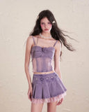 KYLTHOMASW  -  Sweet Hot Girl Denim Suit Women's Summer Pink Purple Lace Patchwork Camisole Pearl Pleated Skirt Two-piece Set Female Clothes