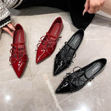 KYLETHOMASW  -  sexy T-strap flats women double bowtie ankle strap party shoes woman pointed toe cutout mary janes japanned leather loafers