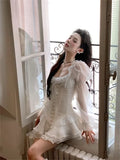 KYLETHOMASW  -  Elegant Sweet Puff Sleeve Dress for Women Y2k Slim Waist Lace Patchwork Ruffles Dresses 2025 Summer New Vestido De Mujer