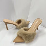 KYLETHOMASW  -  Summer Women's Furry Fur High Heels Mules Sandals Pointed Toe Slip On Stiletto Slipper Ladies Sexy Party Dress Heeled Sandals