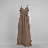 KYLETHOMASW  -  Summer New Suspender Deep V Strap Ruffle Edge High Waist Solid Color Dress