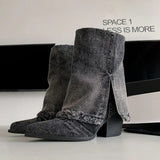 KYLETHOMASW  -  Designer Lapel Denim Women Ankle Boots Autumn and Winter Pointed Toe Korean Version Cowboy Boots Sexy Hottie Short Single Botas