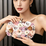 KYLETHOMASW  -  3d Floral Rhinestone Clutch Bag Handmade Sequins Flower Hard Case Bag Metal Chain Strap Wedding Prom Party Women Formal Handbag