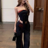 KYLETHOMASW  -  Summer New High Street Lace Up 3d Flower Loose Casual Wide Leg Pants Women + Sexy Patchwork Camisole Two-piece Suit