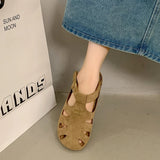 KYLETHOMASW  -  ONG Genuine Leather Hollow out Flat Roman Sandals Versatile Casual Cage oes mid Heel round Toe Summer Faion Women's oes