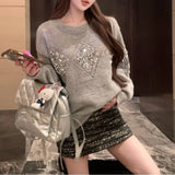 Kylethomasw Spring New O-neck Diamond Sequins Casual Cashmere Long-sleeved Sweater Women + High Waist Striped Knit Skirt Two-piece Suit