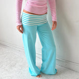 KYLETHOMASW  -  Y2K Fold Over Wide Leg Pants Preppy Women Striped Patchwork Low Waist Trousers Female Casual Lounge Yoga Sweatpants