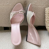 KYLETHOMASW  -  Elegant Pink Bow Wedge Heel Mules Women's Open Toe Linen Strap Slip on Sandals Summer Casual Slippers Shoes