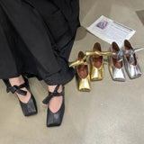KYLETHOMASW  -  Square Toe Lace-up Shiny Mary Jane Flats Stylish French Flat Silver New Spring and Autumn Shallow One-strap Women Shoes