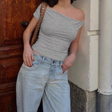 KYLETHOMASW  -  Asymmetric off shoulder sloping neck T-shirt for niche hot girls,  summer American light mature style slim fit short knitted top
