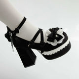 KYLETHOMASW  -  Lovely Girls Lolita High Heels Platform Shoes ,Young Women Students Sweet Pearl Lace Bowknots Embroidery Ankle Strap Mary Janes