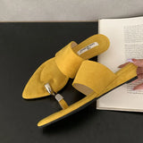 KYLETHOMASW  -  Luxury Fashion Metal Ladies Wedges Slippers Slides Female Sandals Flip flops Pointed Toe Women Heeled Slippers Wedges Shoes